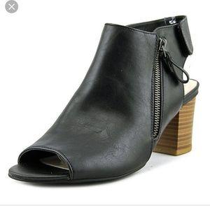 Black open-toe leather heels